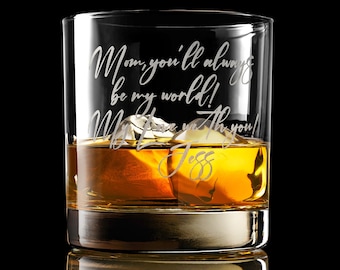 Personalized Handwriting Whiskey Rock Glass with premium bottom and side engraving quality. Comes with free Gift Box.