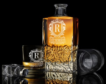 Personalized Whiskey Decanter Set with Premium Engraving Quality, Groomsmen, Wedding, Fathers Day Gift. Comes with Free Gift Boxes.