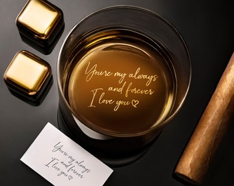 Personalized Handwriting Whiskey Rock Glass with premium bottom and side engraving quality. Comes with free Gift Box.