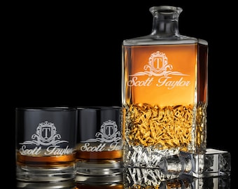 Personalized Whiskey Decanter Set with Premium Engraving Quality, Groomsmen, Wedding and Fathers Day Gifts. Comes with Free Gift Boxes.
