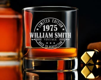Personalized 50th Birthday Whiskey Glass | Vintage 1975 Rocks Glass | Gift for Him, Dad, Husband | Engraved | Free Gift Box