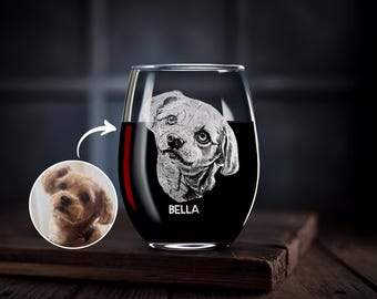 Custom Engraved Stemless Wine Glass with Your Dog’s Photo & Name – Personalized Christmas Gift for Dog Dad or Husband, Gift for Him,