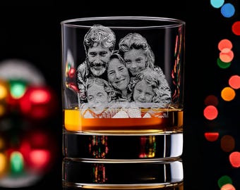 Unique Whiskey Glass with Custom Photo Engraving, Perfect Personalized Holiday Gift for Dad, Husband with Free Gift Box