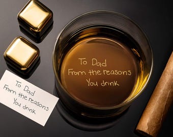 Father's Day Custom Handwritten Whiskey Glass, Personalized Gift for Dad, Husband, and Him, Engraved Secret Message on Bottom Rock Glass