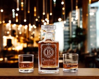Unique Whiskey Gift – Custom Engraved Glassware Set – Anniversary • Groomsman • Boss Gift – Rock Glass + Decanter – Gift Box