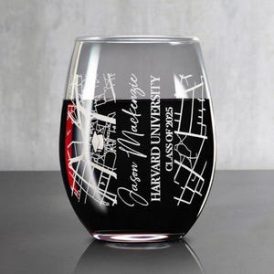 May include: A clear glass wine glass with a white etched design of a city map and the text "Jason Mackenzie, Harvard University, Class of 2025".