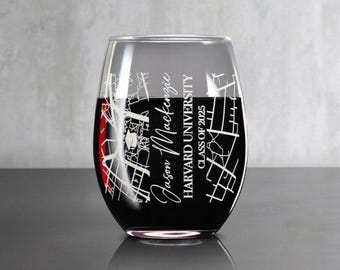 Personalized University Map Stemless Wine Glass – Class of 2025 Graduation Gift, Custom Campus Map, Gift for Him or Her, Free Gift Box