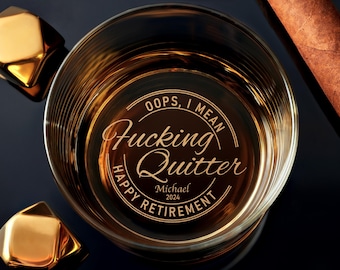 Engraved Custom Whiskey Rock Glass, Happy Retirement Funny Gift Idea, with Free Gift Box