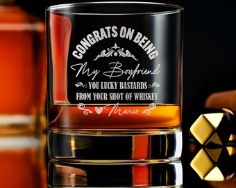 Congrats On Being My Boyfriend Whiskey Rock Glass, Custom Engraved Gift for Father's Day, Unique Present for Him, Free Gift Box