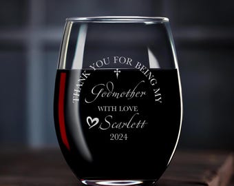 Personalized Godmother Gift: Custom Stemless Wine Glass for Godparents, Ideal for Baptism and Special Occasions, Gift Box
