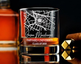 Personalized Campus Map Graduation Whiskey Glass -Custom University Map Graduation Gift, Unique Graduation Gift Idea, Free Gift Box