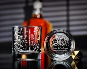 Graduation Whiskey Glass – Custom Campus Map, University Gift for Class of 2025, Engraved Gift for Him or Her, Free Gift Box