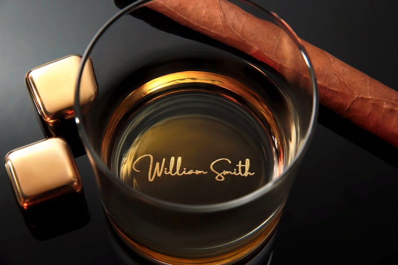 Custom Whiskey Glass with premium quality side and bottom engraving for any special occasion. Comes with free Gift Box. Design #1