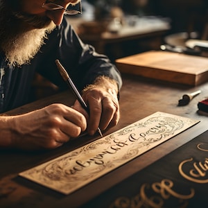 May include: A man with a long white beard carefully uses a calligraphy pen to write the words "Auburn City Council" on a piece of parchment paper. The parchment is decorated with ornate flourishes and sits on a wooden table.