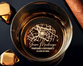 Custom University Map Whiskey Glass – Graduation Gift for Him or Her, Engraved Campus Map, Graduation Gift, Class of 2025 Gift, Gift Box
