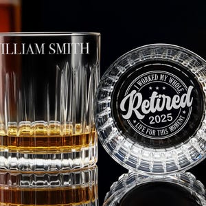 Crystal Whiskey Glass Retirement Gift for Him - Personalized Rock Glass for Dad, Husband, Coworker - Engraved Bourbon Glass - Free Gift Box