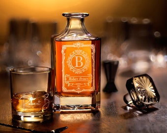 Custom Whiskey Decanter Set with Premium Engraving Quality, Groomsman and Fathers Day Gift - Comes with Free Gift Boxes