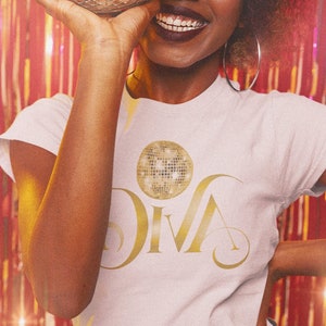 Glamorous Disco Diva T-Shirt, 70s Aesthetic Dance Floor Fashion, Perfect for Music Enthusiasts and Party Goers