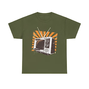 Military Green vintage TV design t-shirt, perfect for lovers of classic media