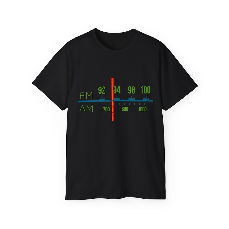 Black T-shirt featuring a vintage FM AM radio dial graphic