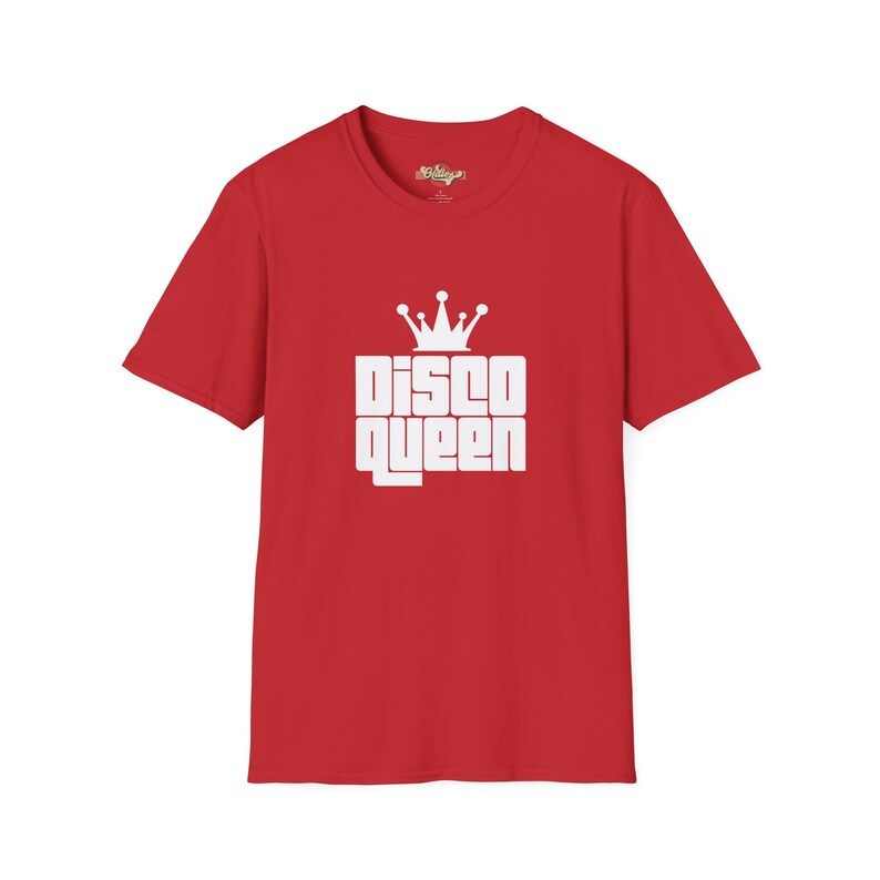 Red Disco Queen T-shirt with eye-catching vintage crown and lettering, perfect for those who love to stand out in classic disco fashion.
