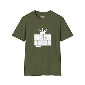 Military Green Disco Queen Tee with a vintage crown and lettering design that pays homage to 70s dance culture