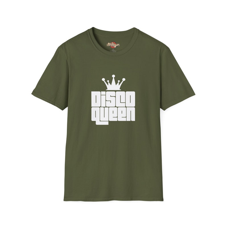 Military Green Disco Queen Tee with a vintage crown and lettering design that pays homage to 70s dance culture
