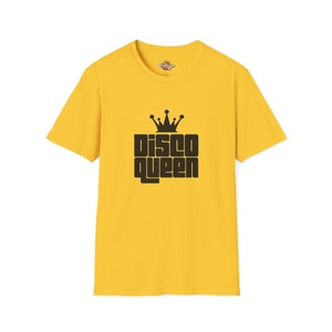 Daisy-colored Disco Queen T-shirt with contrasting retro typography, capturing the cheerful essence of the disco era