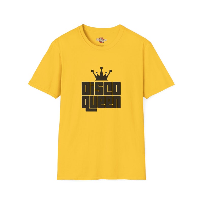 Daisy-colored Disco Queen T-shirt with contrasting retro typography, capturing the cheerful essence of the disco era