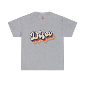 Sport grey t-shirt with the 'Disco' graphic, a slightly heathered fabric adding texture to the image.