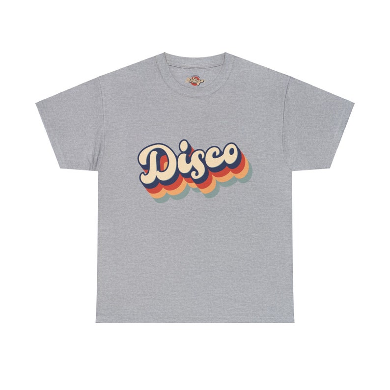 Sport grey t-shirt with the 'Disco' graphic, a slightly heathered fabric adding texture to the image.