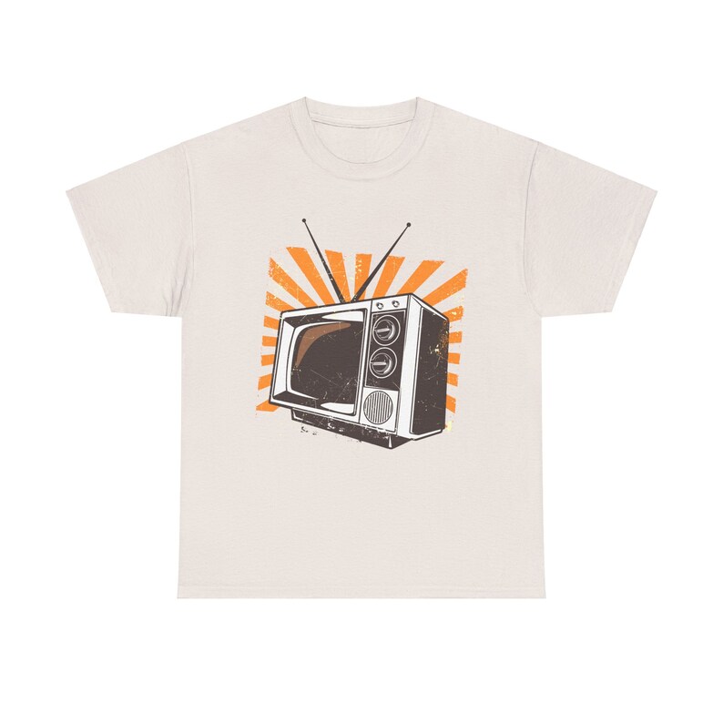 Sand colored t-shirt with vintage television set print, perfect for media history fans