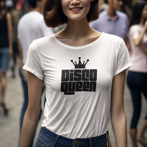 White Disco Queen T-shirt with bold black retro typography and crown design, perfect for vintage style enthusiasts."