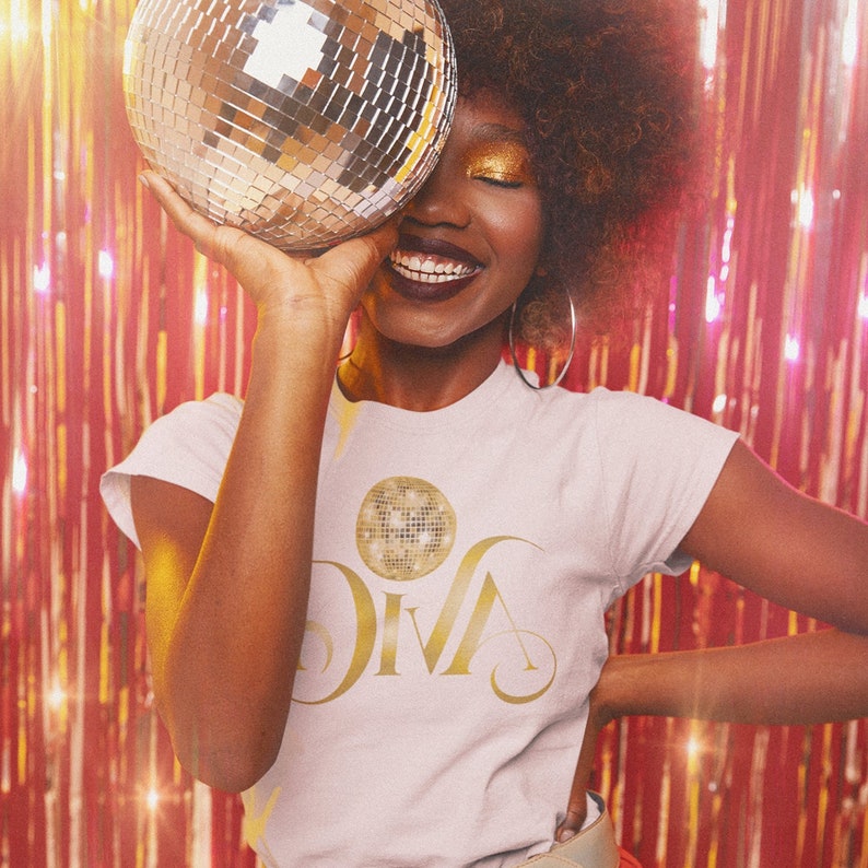 Glamorous Disco Diva T-Shirt, 70s Aesthetic Dance Floor Fashion, Perfect for Music Enthusiasts and Party Goers