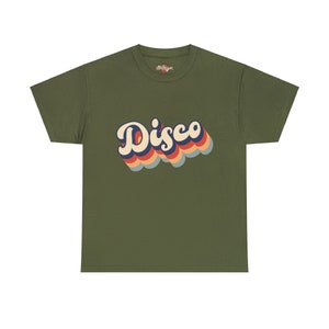 Military green t-shirt with the 'Disco' logo, the earthy tone complementing the colorful text.