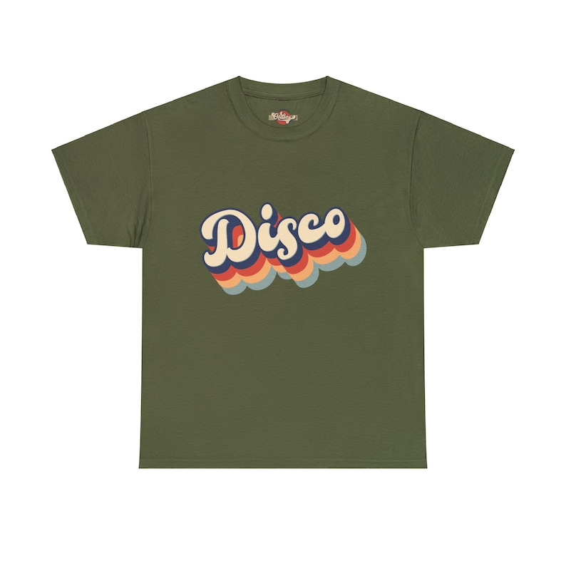 Military green t-shirt with the 'Disco' logo, the earthy tone complementing the colorful text.