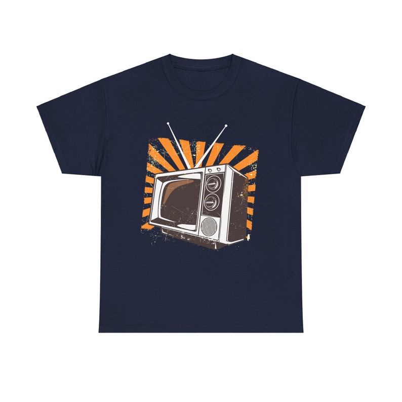 Navy retro broadcast lover t-shirt with a nostalgic television graphic
