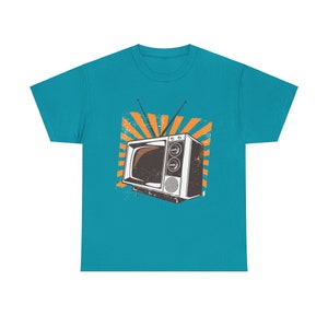 Tropical Blue t-shirt with retro television graphic, celebrating 70s broadcast nostalgia