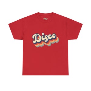 Red t-shirt modeled by a woman, the 'Disco' logo pops against the vibrant red background.