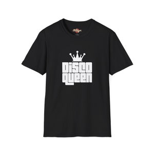 Black Disco Queen Tee featuring a classic crown graphic with 70s-inspired lettering for retro party fashion.