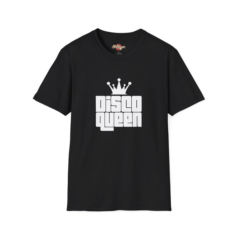 Black Disco Queen Tee featuring a classic crown graphic with 70s-inspired lettering for retro party fashion.