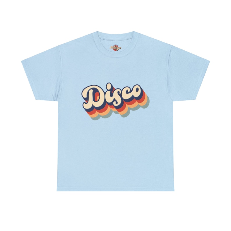 Light blue t-shirt displaying the 'Disco' design, giving a cool and calm backdrop to the lively print.