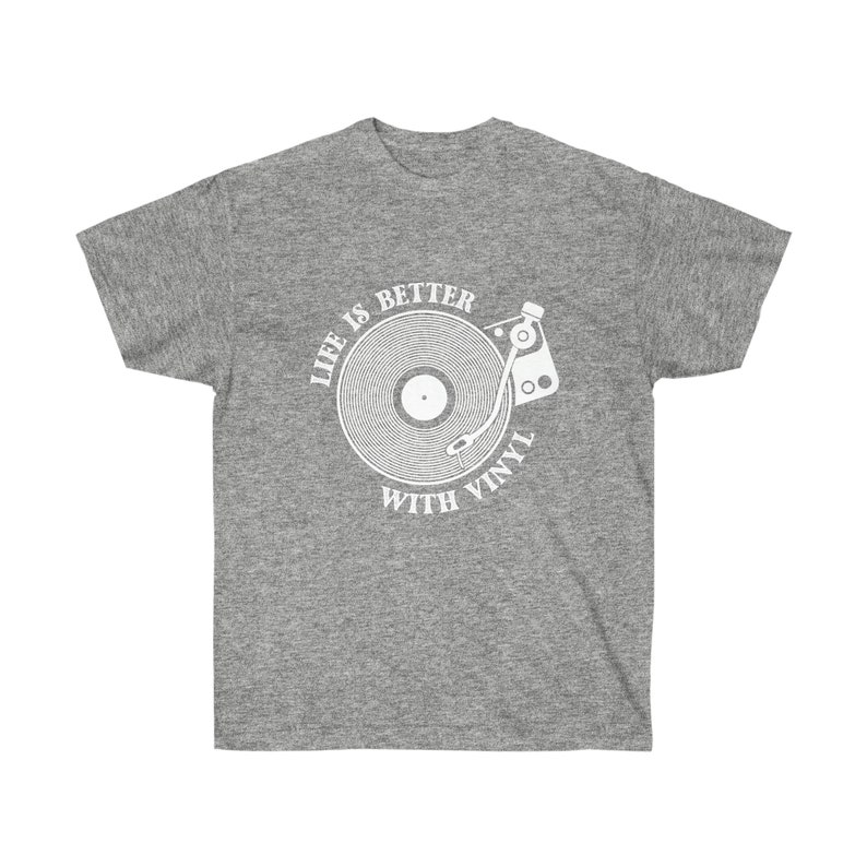 Grey t-shirt featuring a detailed vinyl record player design, perfect for DJs, collectors, and music lovers.