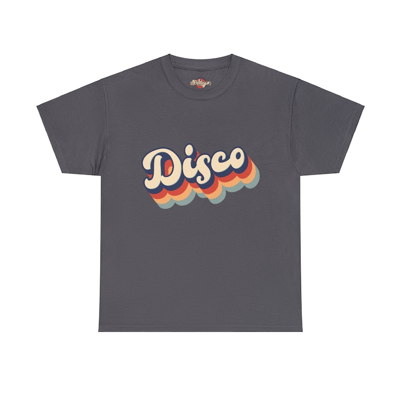 Black t-shirt modeled by a woman, featuring the 'Disco' logo in a vivid retro font and pattern.
