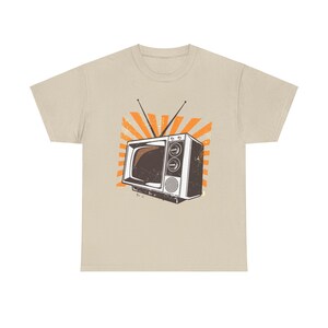 Retro broadcast enthusiast tee in gold, featuring an old-fashioned TV set.