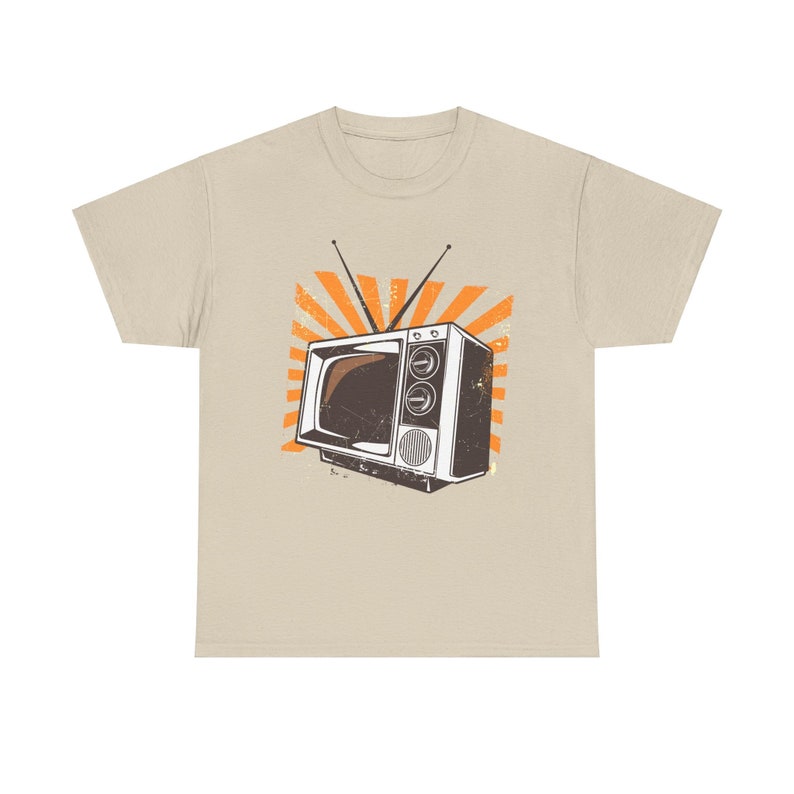 Retro broadcast enthusiast tee in gold, featuring an old-fashioned TV set.