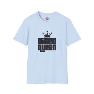 Light Blue Disco Queen T-shirt with a nostalgic crown graphic, celebrating the iconic disco aesthetic in a soft hue.