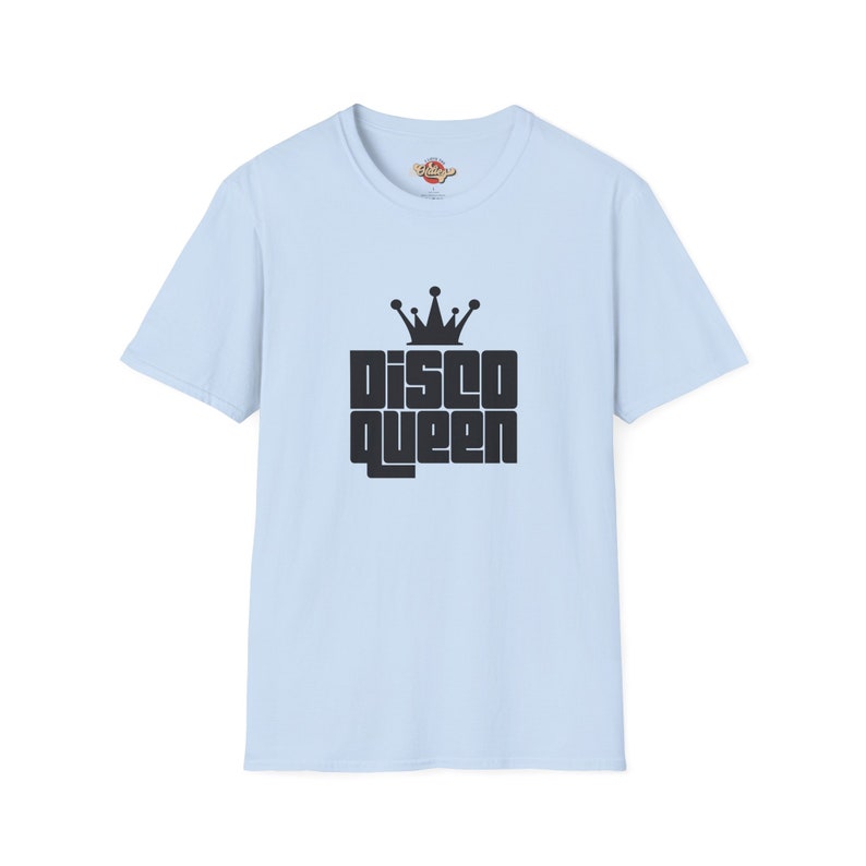 Light Blue Disco Queen T-shirt with a nostalgic crown graphic, celebrating the iconic disco aesthetic in a soft hue.