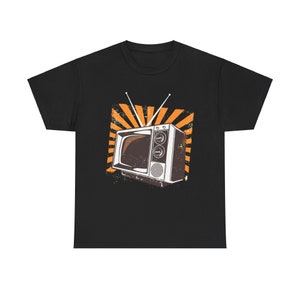 Classic television retro broadcast lover tee in black, featuring a 70s TV graphic