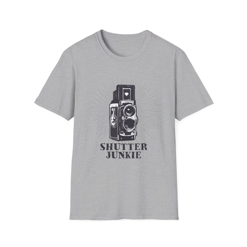 Gray t-shirt with a classic camera illustration and "Shutter Junkie" text.